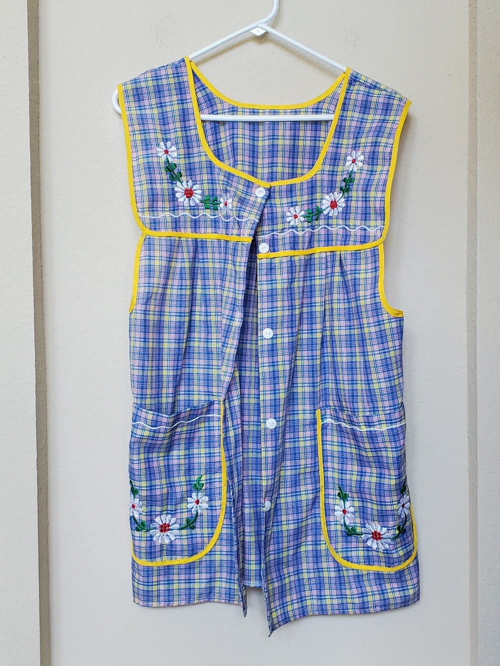 Plaid Embroidered Sleeveless Button Front Smock - Yellow Trim...OS